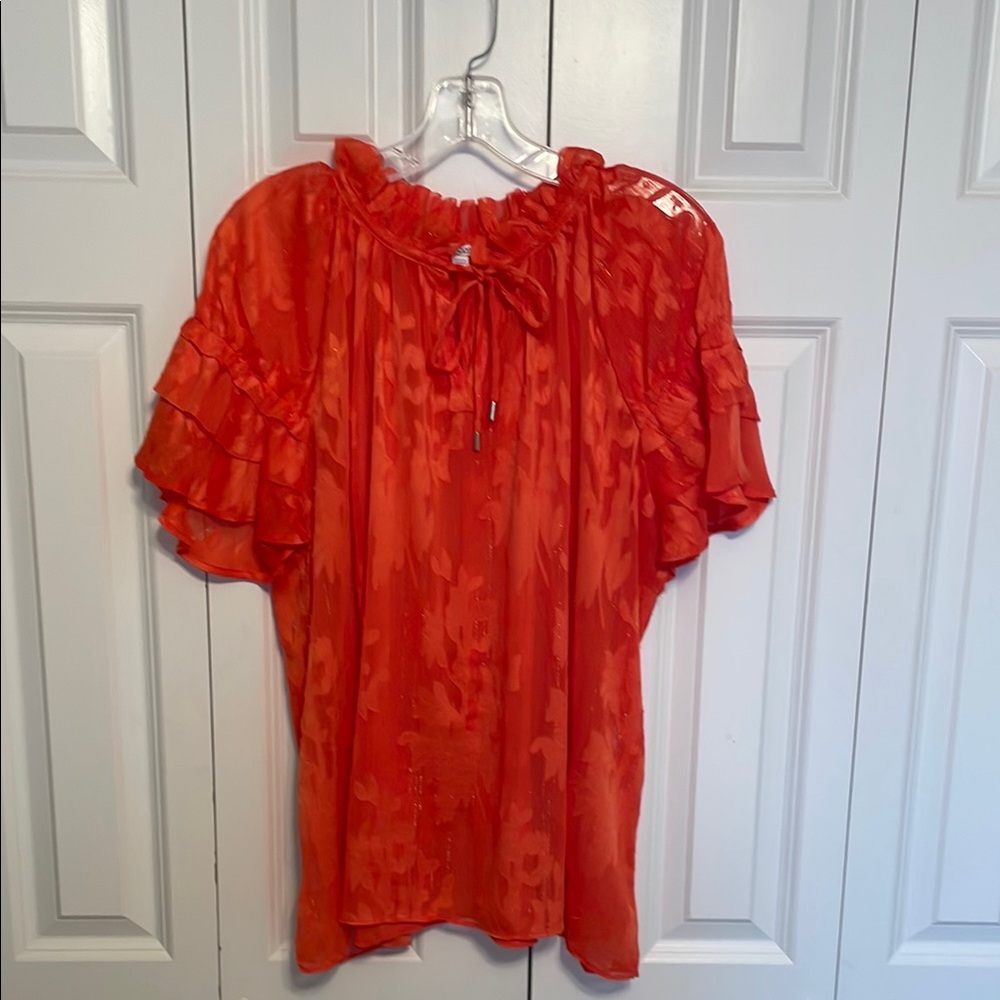 Chico's Red Flutter Sleeve Blouse with Ruffled Tie Front